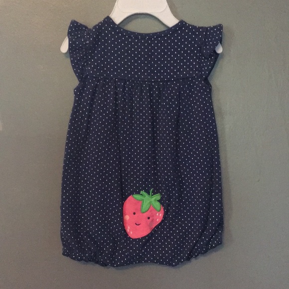 Navy snap-up romper with strawberry on back - Picture 3 of 3